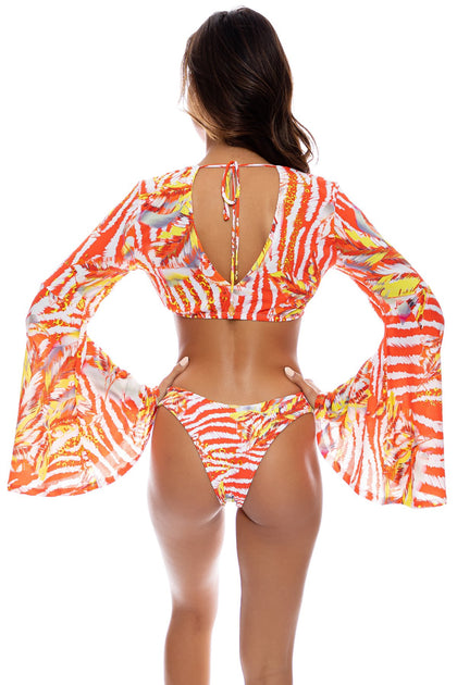 LOVE ME WILD - Bell Sleeve Crop Top & Zig Zag Cut Out High Leg Brazilian Bottom • Multicolor