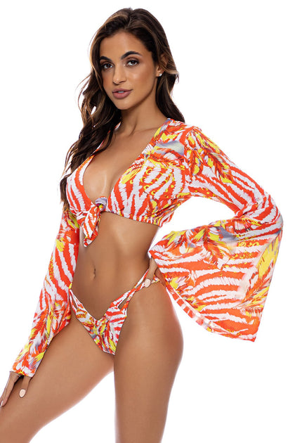 LOVE ME WILD - Bell Sleeve Crop Top & Zig Zag Cut Out High Leg Brazilian Bottom • Multicolor