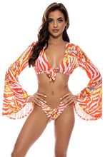 LOVE ME WILD - Bell Sleeve Crop Top & Zig Zag Cut Out High Leg Brazilian Bottom • Multicolor