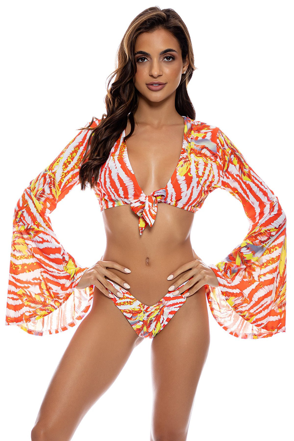 LOVE ME WILD - Bell Sleeve Crop Top & Zig Zag Cut Out High Leg Brazilian Bottom • Multicolor