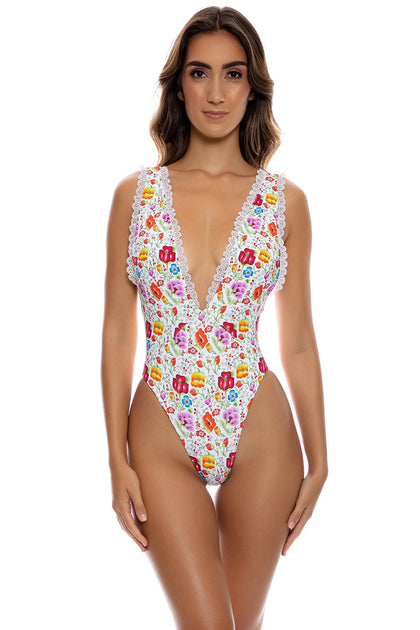 AMOR Y PLAYA - Deep V Bodysuit • White