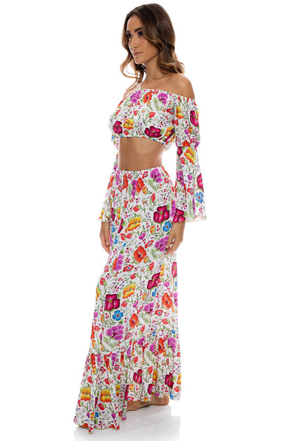 AMOR Y PLAYA - Off The Shoulder Flre Sleeve Top & Ruffle Hem Maxi Skirt • White
