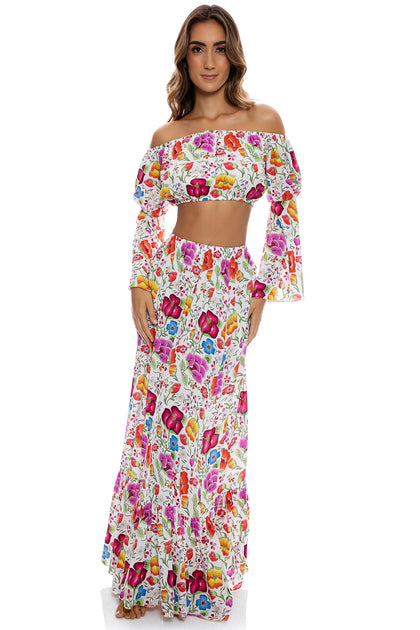AMOR Y PLAYA - Off The Shoulder Flre Sleeve Top & Ruffle Hem Maxi Skirt • White