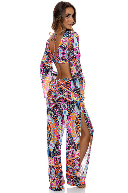 MARACUYA KISSES - Bell Sleeve Crop Top & Split Side Wide Leg Pant • Multicolor