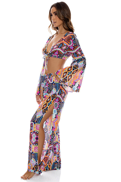 MARACUYA KISSES - Bell Sleeve Crop Top & Split Side Wide Leg Pant • Multicolor