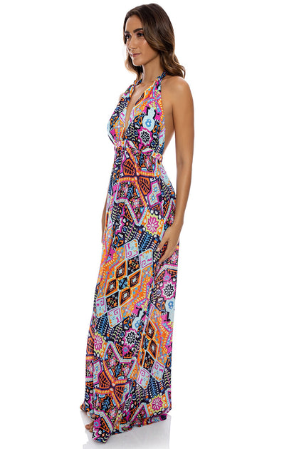 MARACUYA KISSES - Deep Plunge Long Dress • Multicolor
