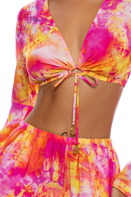 RETRO DREAM - Bell Sleeve Crop Top & Open Sides Wide Leg Pant • Multi Pink