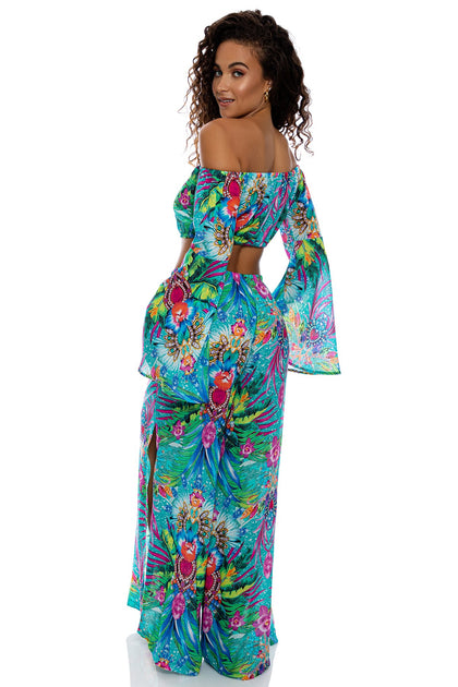 HIDDEN GEMS - Laced Up Off The Shoulder Crop Top & Open Sides Wide Leg Pant • Multicolor