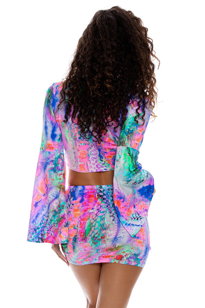 SHE'S ELECTRIC - Bell Sleeve Scrunched Crop Top & Scrunch Up Mini Skirt • Multicolor