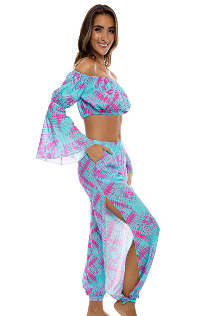 SHOCK WAVES - Off The Shoulder Flre Sleeve Top & Gipsy Split Side Pant • Multicolor