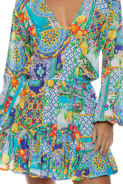 AMALFI - Deep V Frill Hem Dress • Multicolor