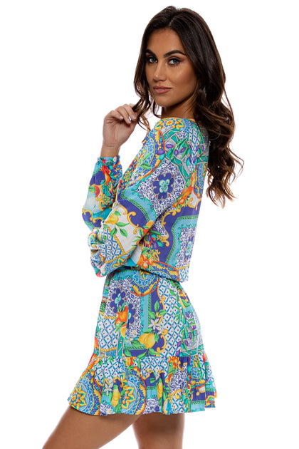 AMALFI - Deep V Frill Hem Dress • Multicolor