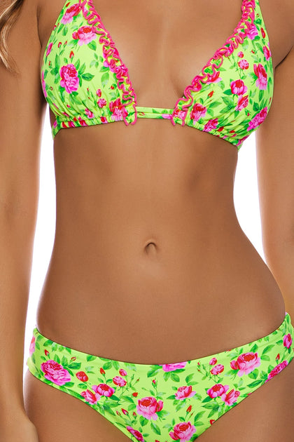 TI AMO - Ruffle Trim Triangle Halter Top & Seamless Full Ruched Back Bottom • Radiant Yellow