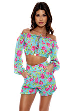 TI AMO - Ruffle Laced Up Open Shoulders Crop Top & Ruffle Short • Aqua