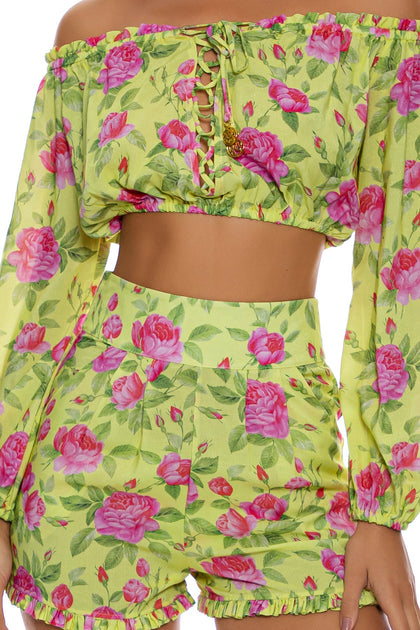 TI AMO - Ruffle Laced Up Open Shoulders Crop Top & Ruffle Short • Radiant Yellow