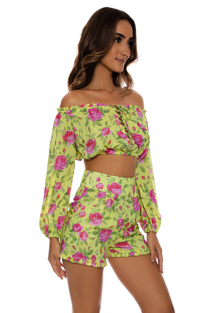 TI AMO - Ruffle Laced Up Open Shoulders Crop Top & Ruffle Short • Radiant Yellow