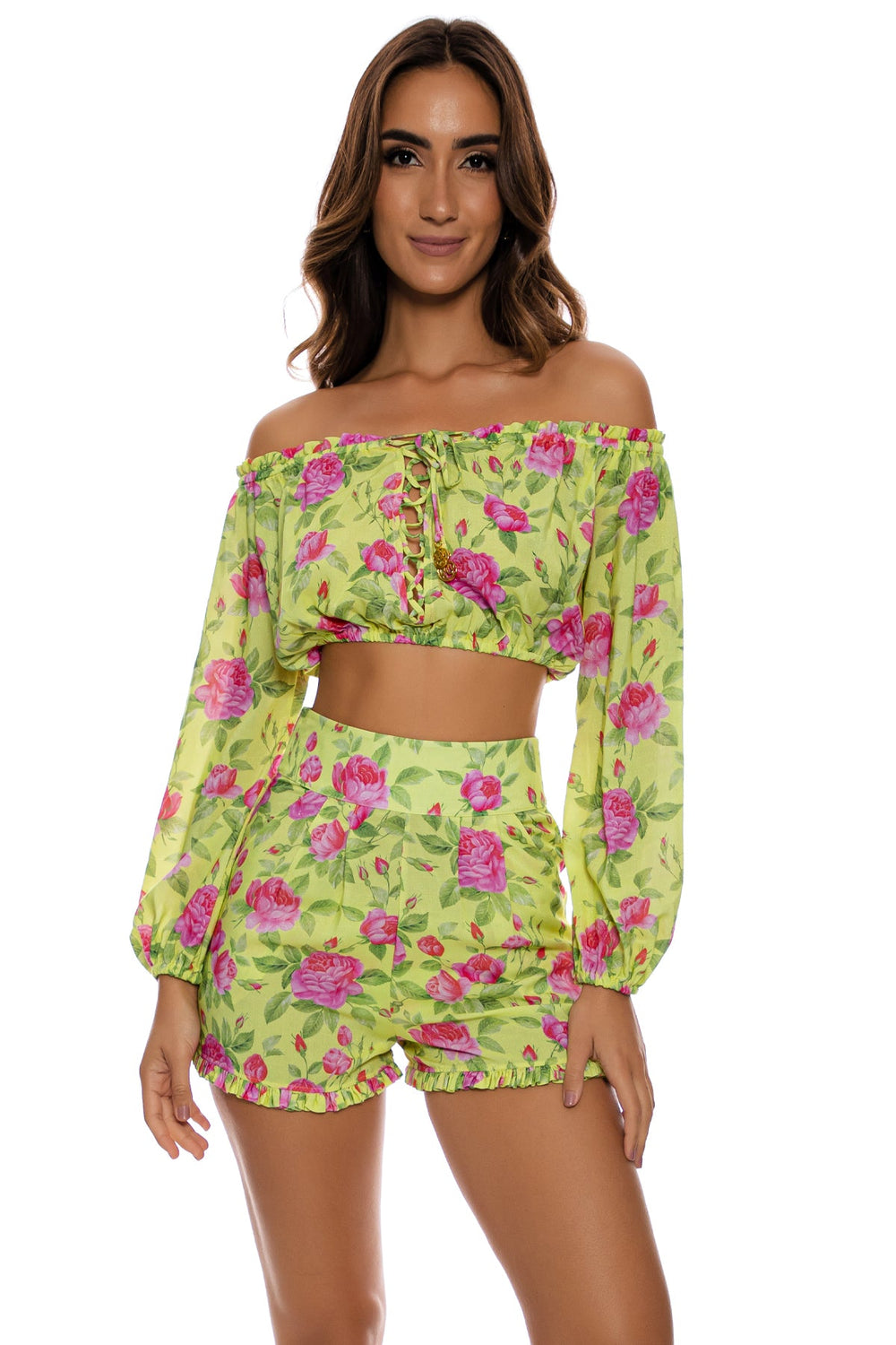 TI AMO - Ruffle Laced Up Open Shoulders Crop Top & Ruffle Short • Radiant Yellow