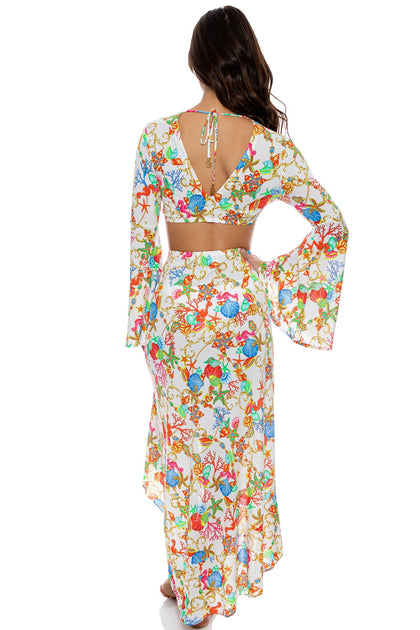 IL MARE - Bell Sleeve Crop Top & Ruffle High Lo Slit Skirt • White
