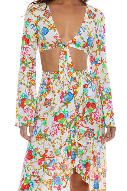 IL MARE - Bell Sleeve Crop Top & Ruffle High Lo Slit Skirt • White