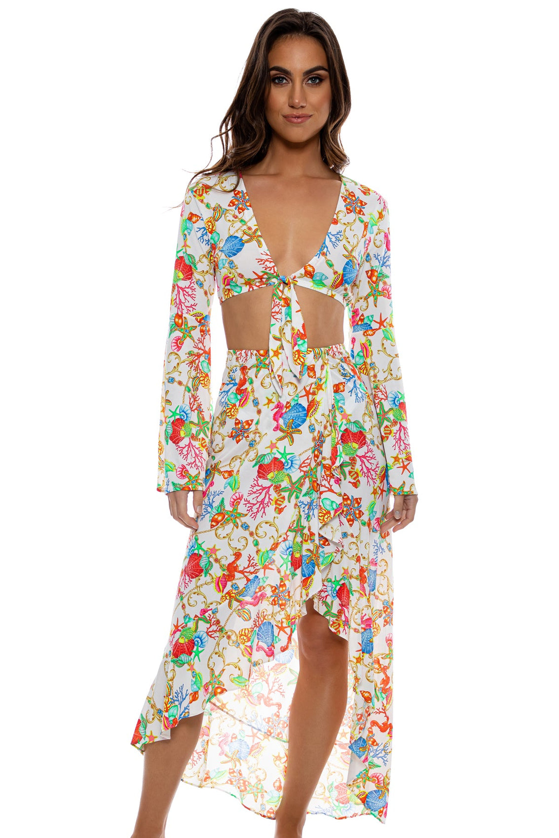 IL MARE - Bell Sleeve Crop Top & Ruffle High Lo Slit Skirt • White