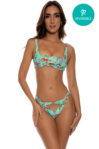IL MARE - Mini Ring Bandeau Top & Reversible High Leg Peek A Boo Ring Bottom • Aqua