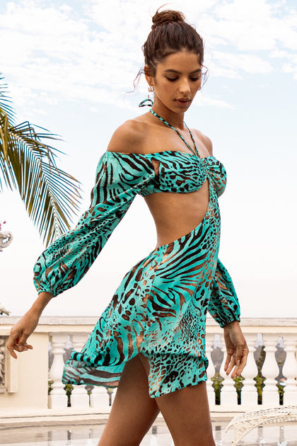 ANIMALE - Long Sleeve Cut Out Short Dress • Aqua