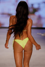 BELLA - Seamless Triangle Top & Seamless Wavy Ruched Back Brazilian Tie Side Bottom • Shiny Neon Yellow Runway