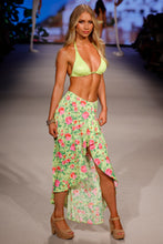 BELLA - Triangle Halter Top & Ruffle High Lo Slit Skirt • Shiny Neon Yellow Runway