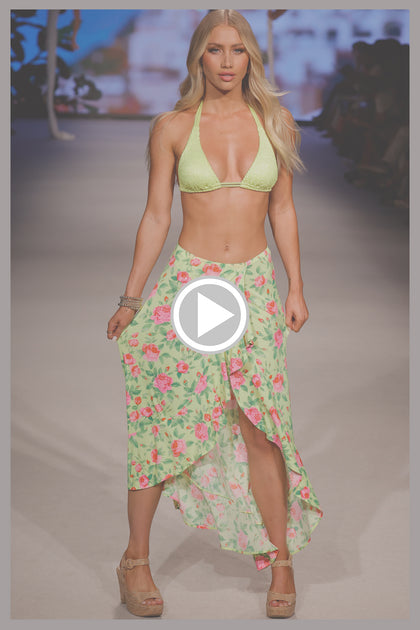 BELLA - Triangle Halter Top & Ruffle High Lo Slit Skirt • Shiny Neon Yellow Runway