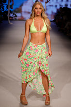 BELLA - Triangle Halter Top & Ruffle High Lo Slit Skirt • Shiny Neon Yellow Runway