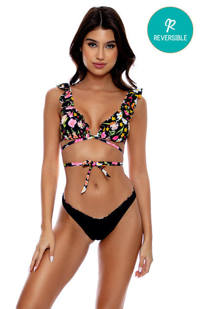 LULI'S SECRET GARDEN - Ruffle Deep V Wrap Triangle Top & High Leg Brazilian Bottom • Multicolor