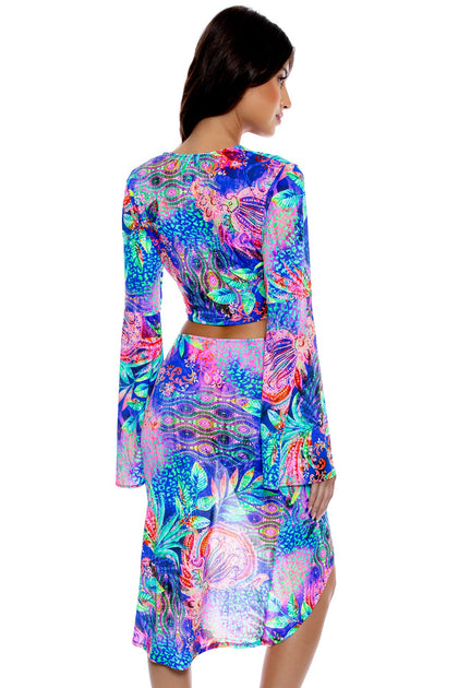 JUNGLE FEVER - Bell Sleeve Scrunched Crop Top & Drawstring Tulip Skirt • Multicolor