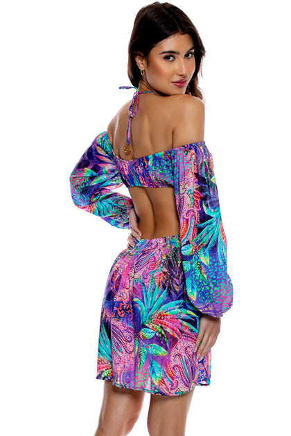 JUNGLE FEVER - Long Sleeve Cut Out Short Dress • Multicolor