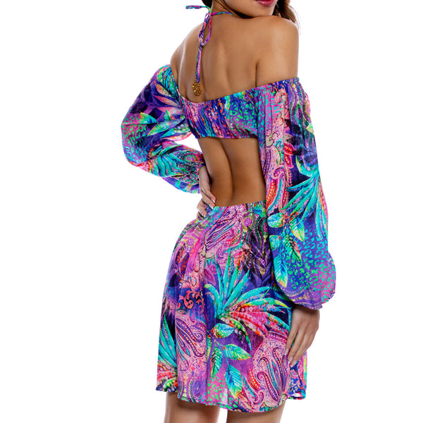 JUNGLE FEVER - Long Sleeve Cut Out Short Dress