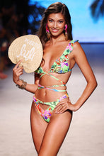 LULI TROPICS - Ruffle Deep V Wrap Triangle Top & High Leg Peek A Boo Ring Bottom • Multicolor Runway