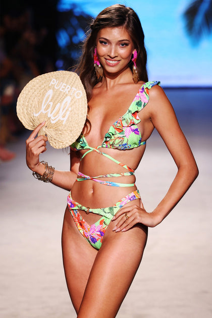 LULI TROPICS - Ruffle Deep V Wrap Triangle Top & High Leg Peek A Boo Ring Bottom • Multicolor Runway