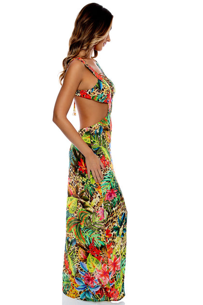 LUSH HORIZONS - Laced Up Plunging V Neck Maxi Dress • Multicolor