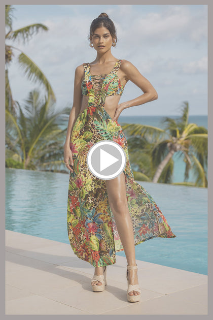 LUSH HORIZONS - Laced Up Plunging V Neck Maxi Dress • Multicolor