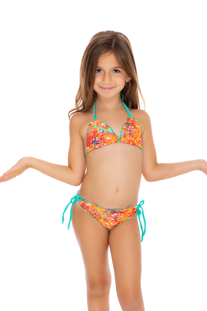 FIESTA DE FLORES - Wavy Triangle Top Ruched Back Tie Side Bikini • Multicolor