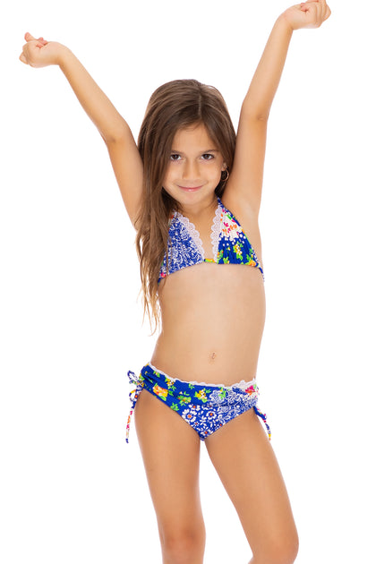 SPANISH LULLABY - Lace Trim Ruffle Triangle Top Bikini • Multicolor