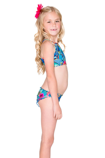 INKED BABE - Ink Mesh High Neck Top Ruched Back Bikini • Multicolor